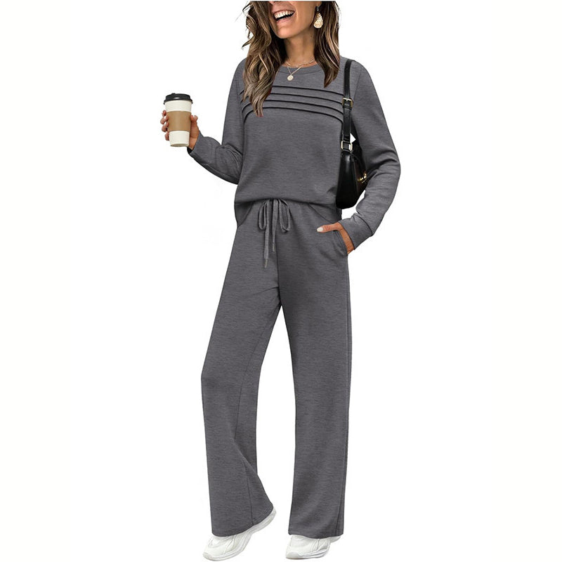 Women's Solid Color 2-Piece Set, Crew Neck Long Sleeve Ruffle Design Top With Tie-Waist Wide Leg Pants For Spring And Fall