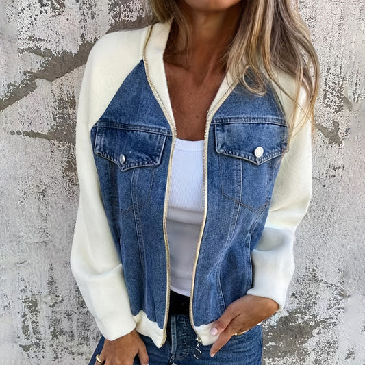 Women's Denim Patchwork Zip-Up Jacket Stand Collar Casual Coat With Button-Decorated Flap Pockets Fall Winter Fashion Outerwear