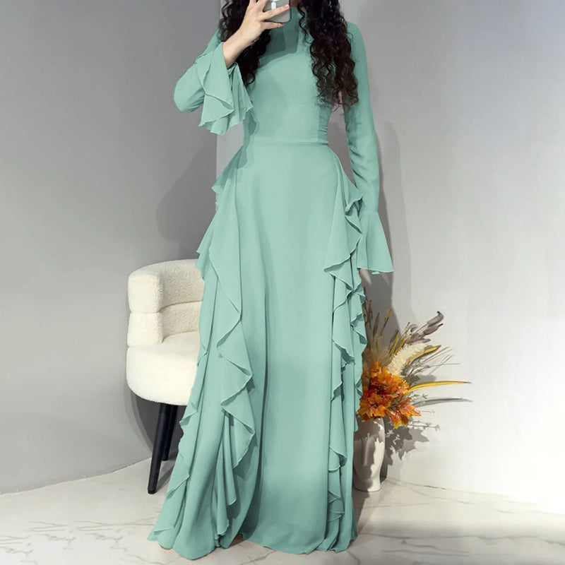Women's Elegant Ruffles Dress, Slim Fit High Waist Bell Sleeve Wedding Guest Cocktail Tea Party Dresses