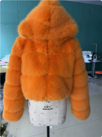 Short hooded faux fur long sleeve coat