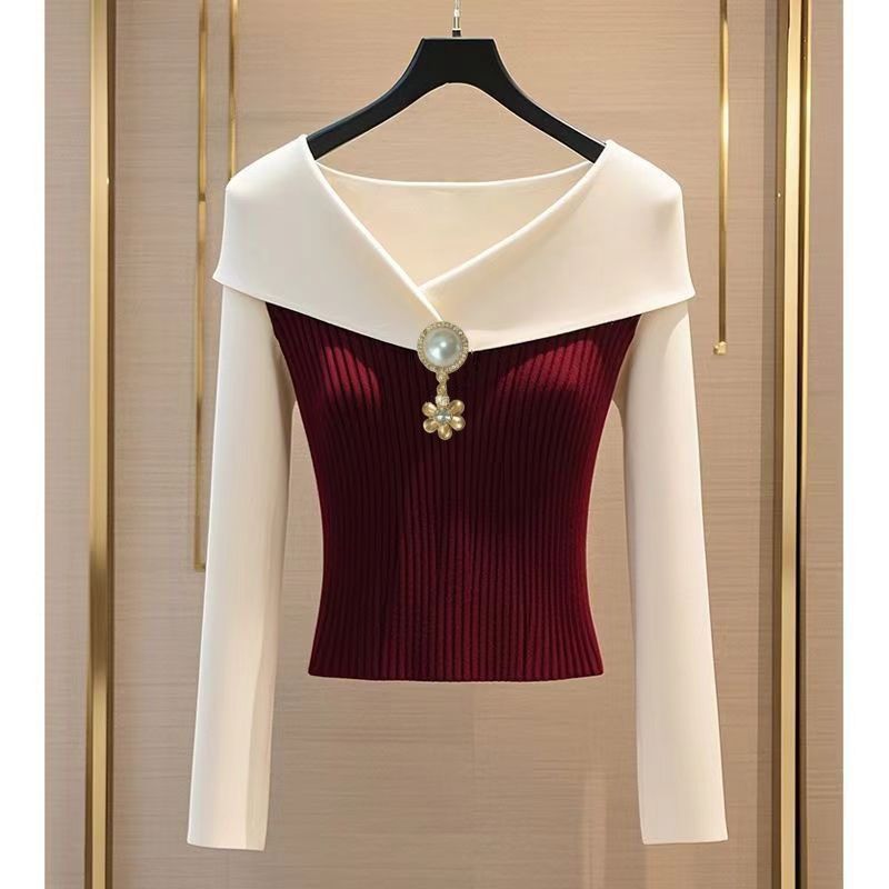 Women's French Style V-Neck Top, Embellished Detail Long Sleeve Knit Blouse For Spring And Fall