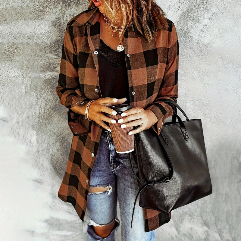 Women's Long Sleeve Plaid Print Button Front Casual Shirt For Spring & Fall