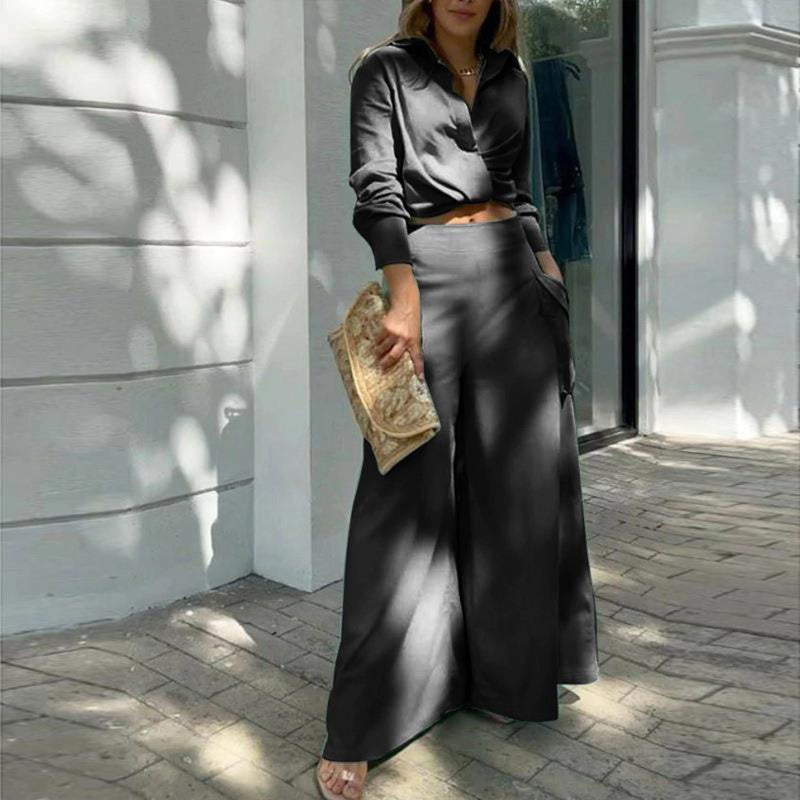 Women's Plus Size Elegant Pant Set - Crisscross Detail Top & Wide Leg Pants With Pockets Office & Casual Outfit