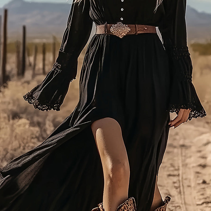 Women's Vintage Western V-Neck Dress A-Line The Waist Lace Trim Casual Asymmetric Hem Summer Dress