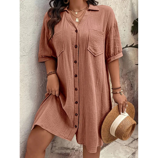 Womens Cotton Shirt Dress Summer Casual Short Sleeve Button Down V Neck Loose Mini Dress With Pockets