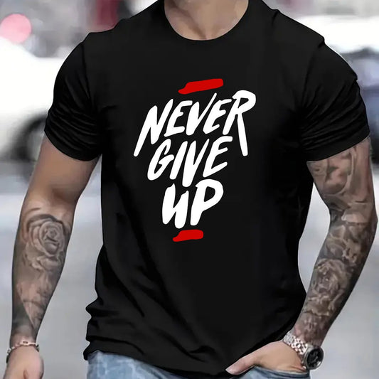 Never Give Up On Letter Printed T-shirt - Fashionable Casual Style Paired With Comfortable Short Sleeves - Perfect For Summer Outdoor Activities
