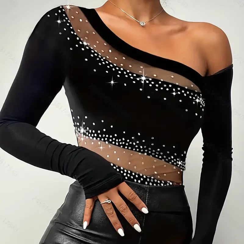Women's Sheer Mesh Top, One Shoulder Long Sleeve Sexy Slim Fit Clubwear