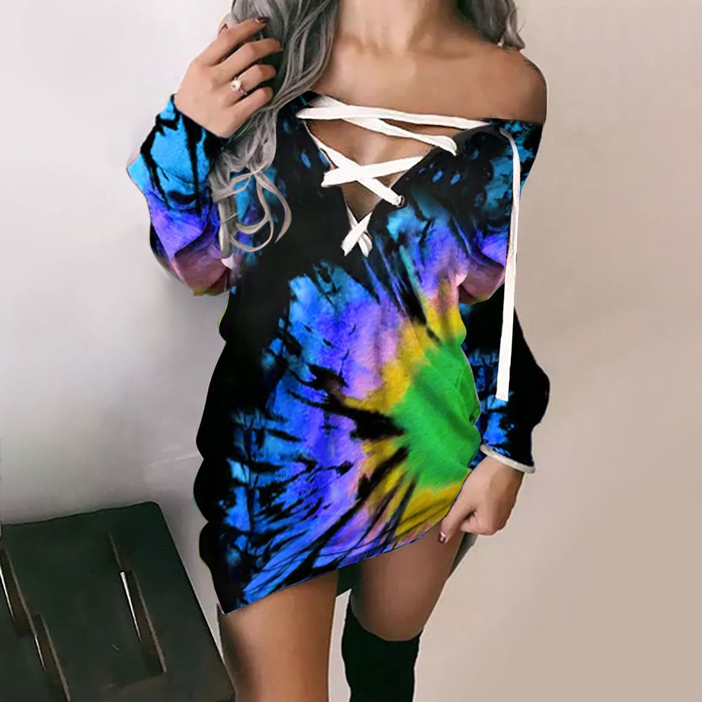 Women's Printed Off-shoulder Corns Lace-up Long Sleeve Top