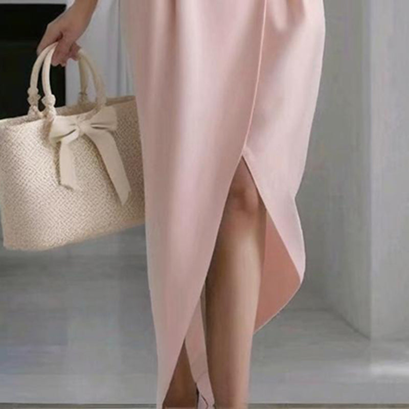 Women's Solid Color Lapel Midi Dress, Bodycon Asymmetrical Hem Dress With Pockets For Formal Occasions