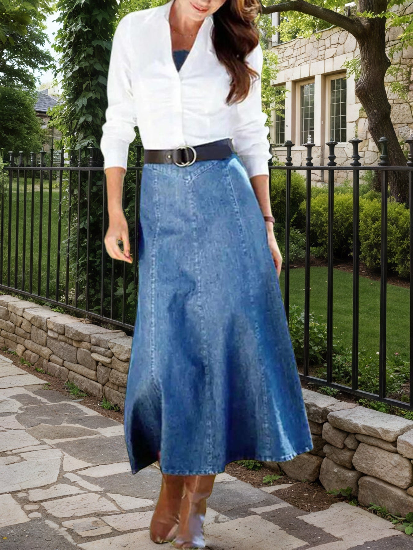 2025 Spring New Women's High Waist Loose A-line Cowboy Skirt, Medium Length Elastic Casual Solid Color Skirt, Elegant For Office And Daily Wear, Fashionable Style Smooth, Cowboy Fabric Washable
