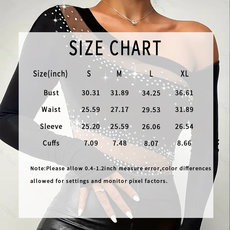 Women's Sheer Mesh Top, One Shoulder Long Sleeve Sexy Slim Fit Clubwear