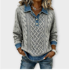 Womens Retro Printed Stand Collar Long-Sleeve Top