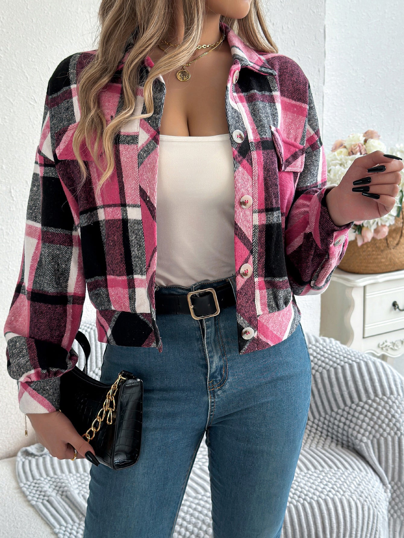 Autumn And Winter Casual Plaid Pocket Long Sleeve Woolen Jacket Coat