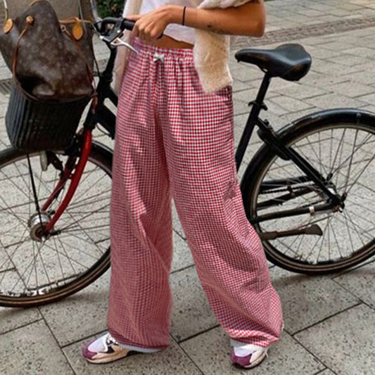 American Casual Contrast Color Red Plaid Trousers