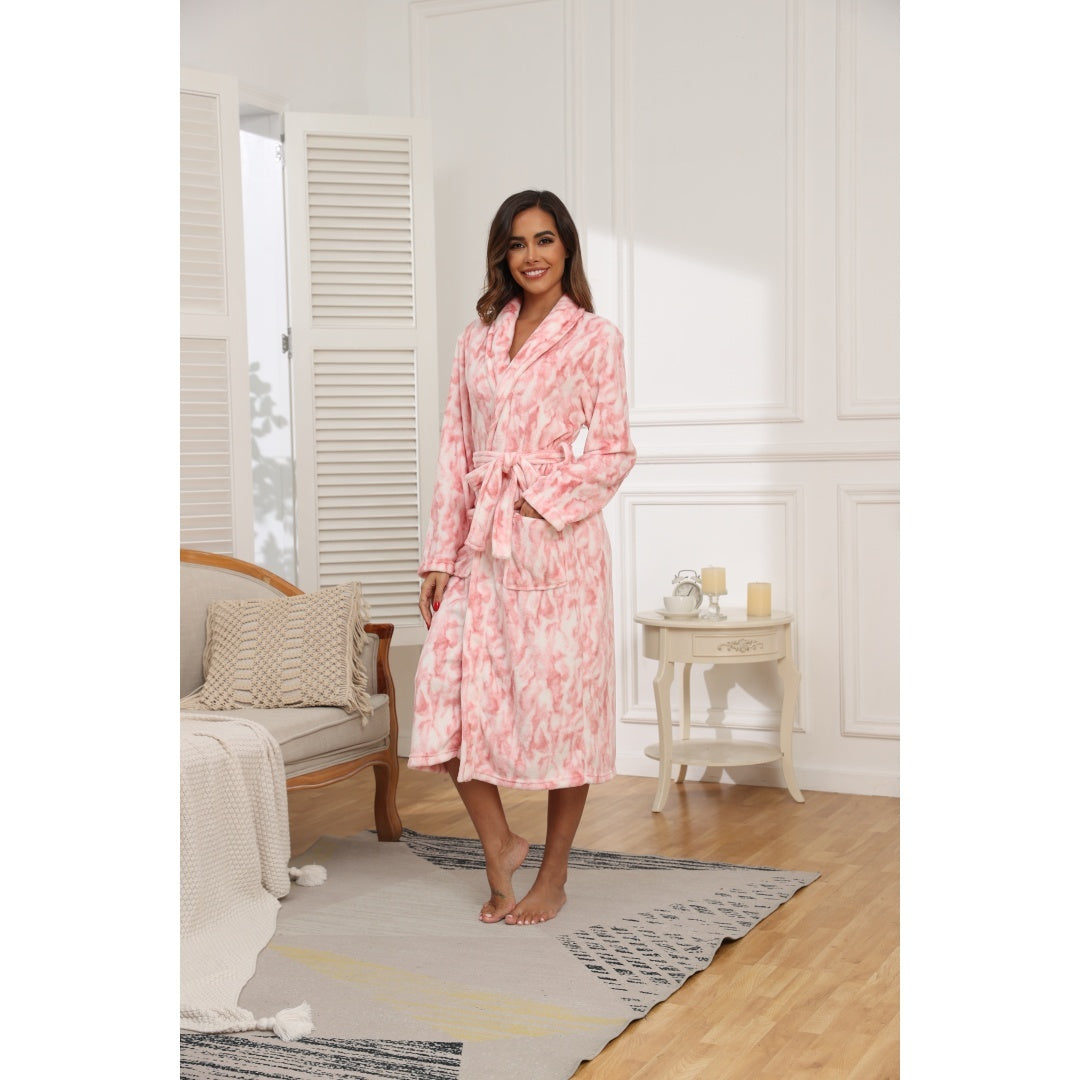 Women's Plus Size Fleece Robe 300GSM Heavyweight Soft Thermal Bathrobe With Pockets And Belt Solid Color Shawl Collar Robe