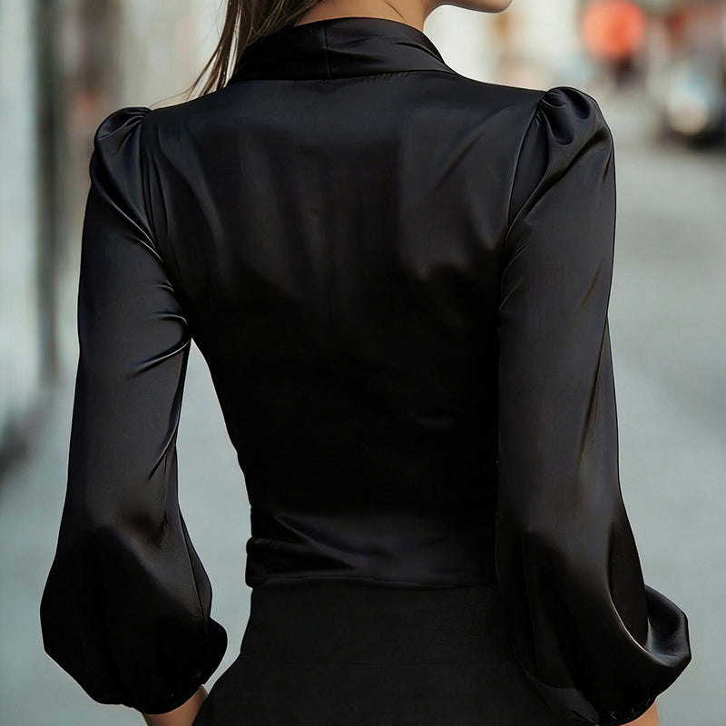 Women's Elegant Solid Color V-Neck Satin Long Sleeve Blouse, Tie Waist Professional Office Shirt For Spring Autumn