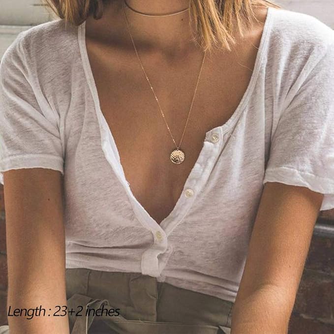 Dainty Layered Choker Necklace, 14K Gold Plated Y Pendant, Multilayer Bar Disc Necklace, Adjustable Layering Choker Necklaces For Women