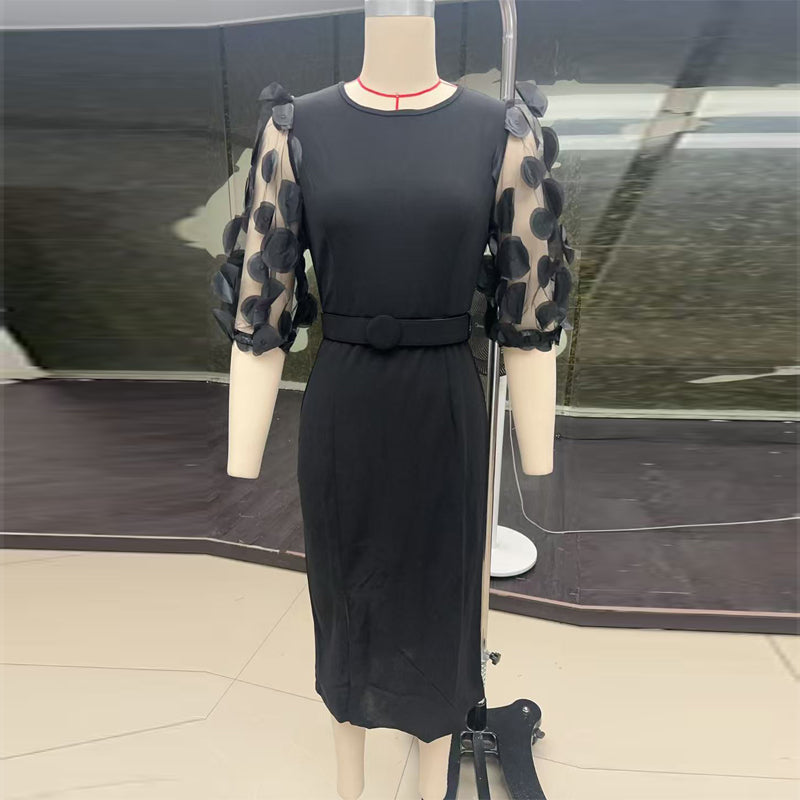 Women's Polka Dot Lace Sleeve Fit And Flare Dress, Round Neck Knee-Length Bodycon With Side Slit