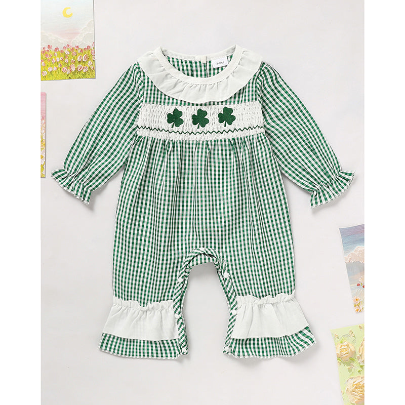 Ewborn Baby Girls Green Plaid Four-leaf Clover Allover Print One-piece Long Sleeve Bodysuit